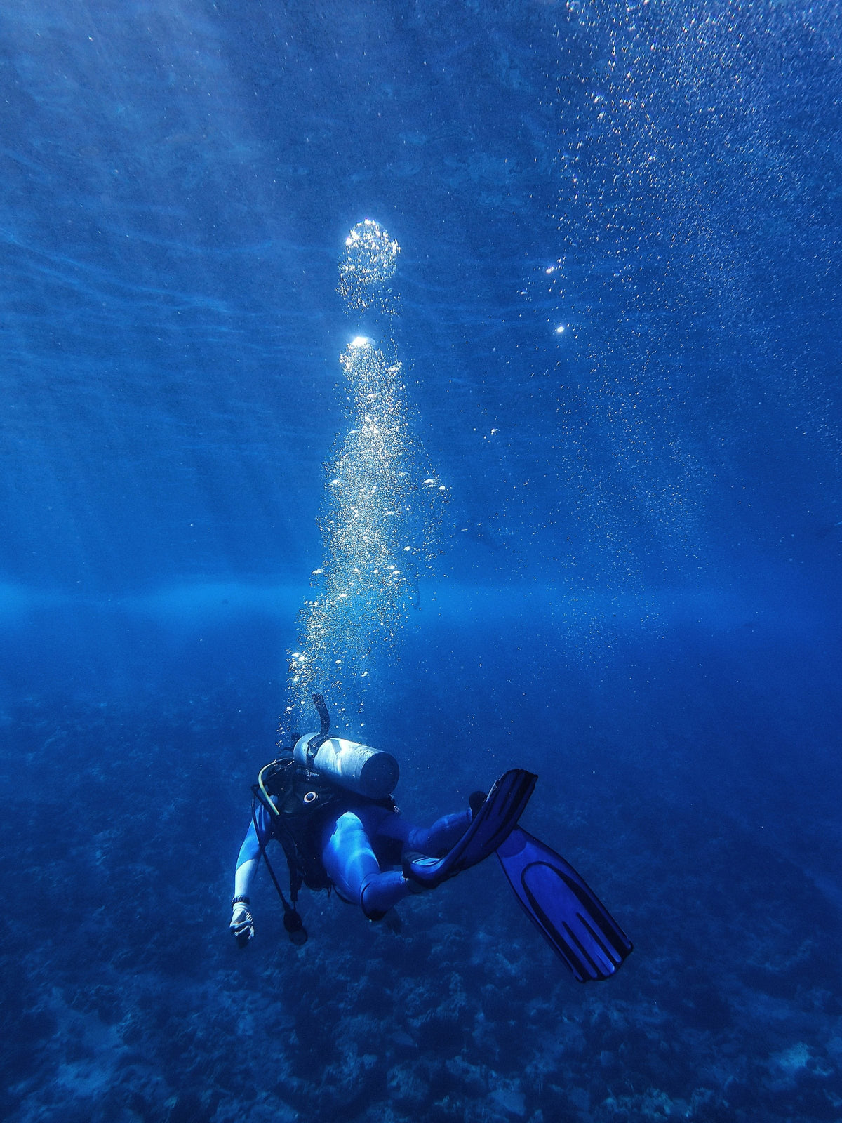 Diver seen from above sinking into deep blue with a tall column of exhaled bubbles rising behind