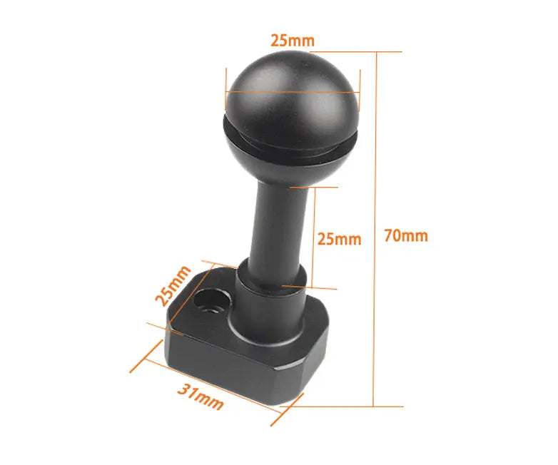 OrcaTorch M03 ball joint with dimension callouts across the ball and base