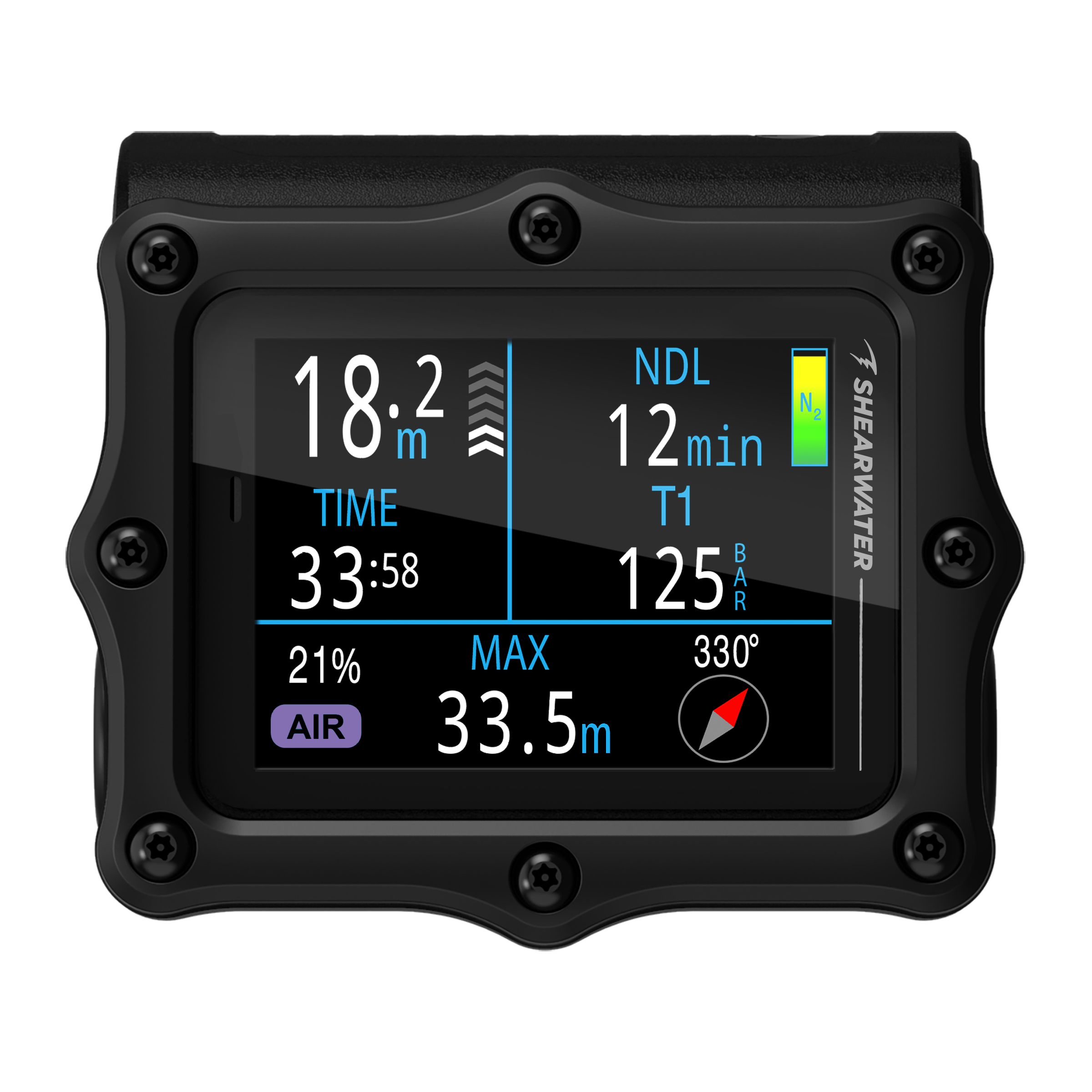 Shearwater Perdix 3 black dive computer displaying air mode at 18.2 metres