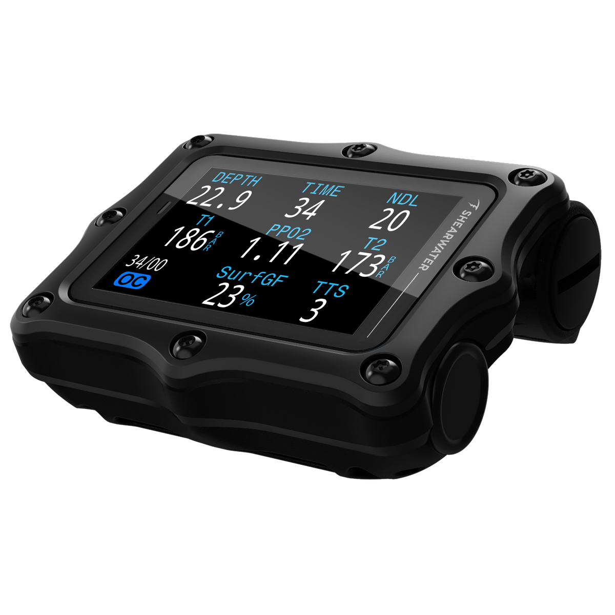 Shearwater Perdix 3 black dive computer, left angle view showing technical mode at 22.9 metres