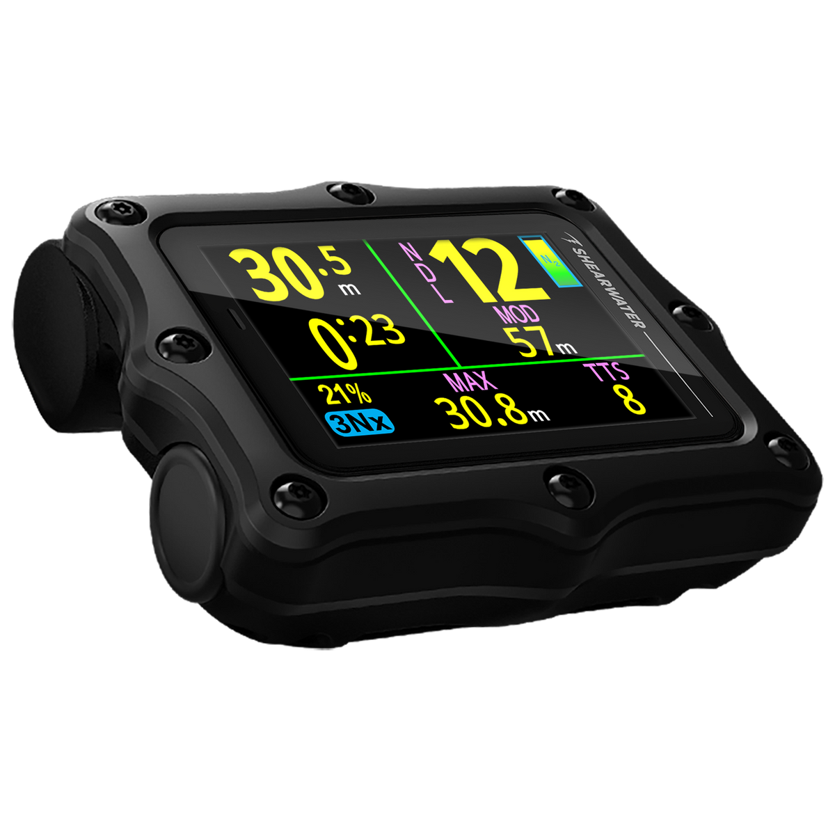 Shearwater Perdix 3 black dive computer, right angle view with Tropical Punch display colour scheme