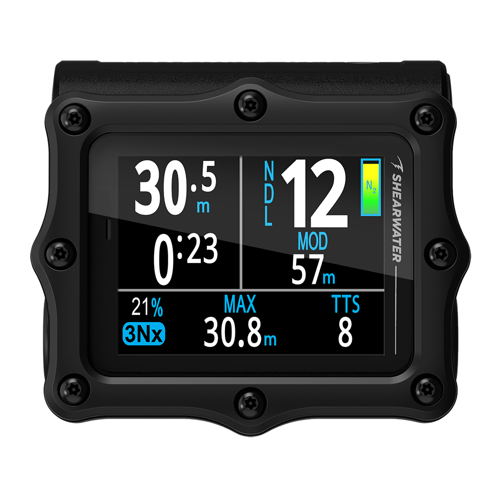 Shearwater Perdix 3 dive computer in black, front view showing the BIG layout dive display