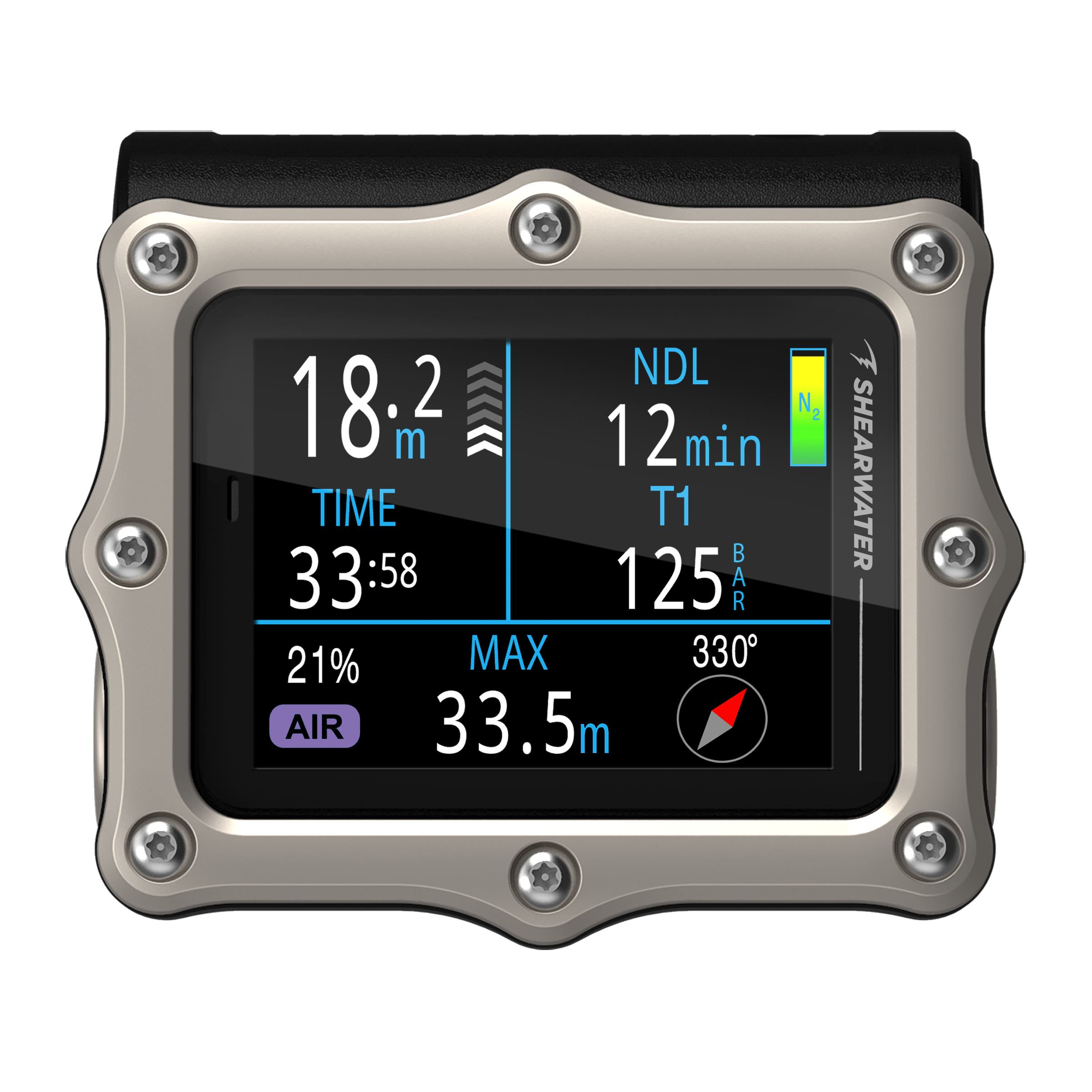 Shearwater Perdix 3 dive computer in silver, front view displaying air mode at 18.2 metres