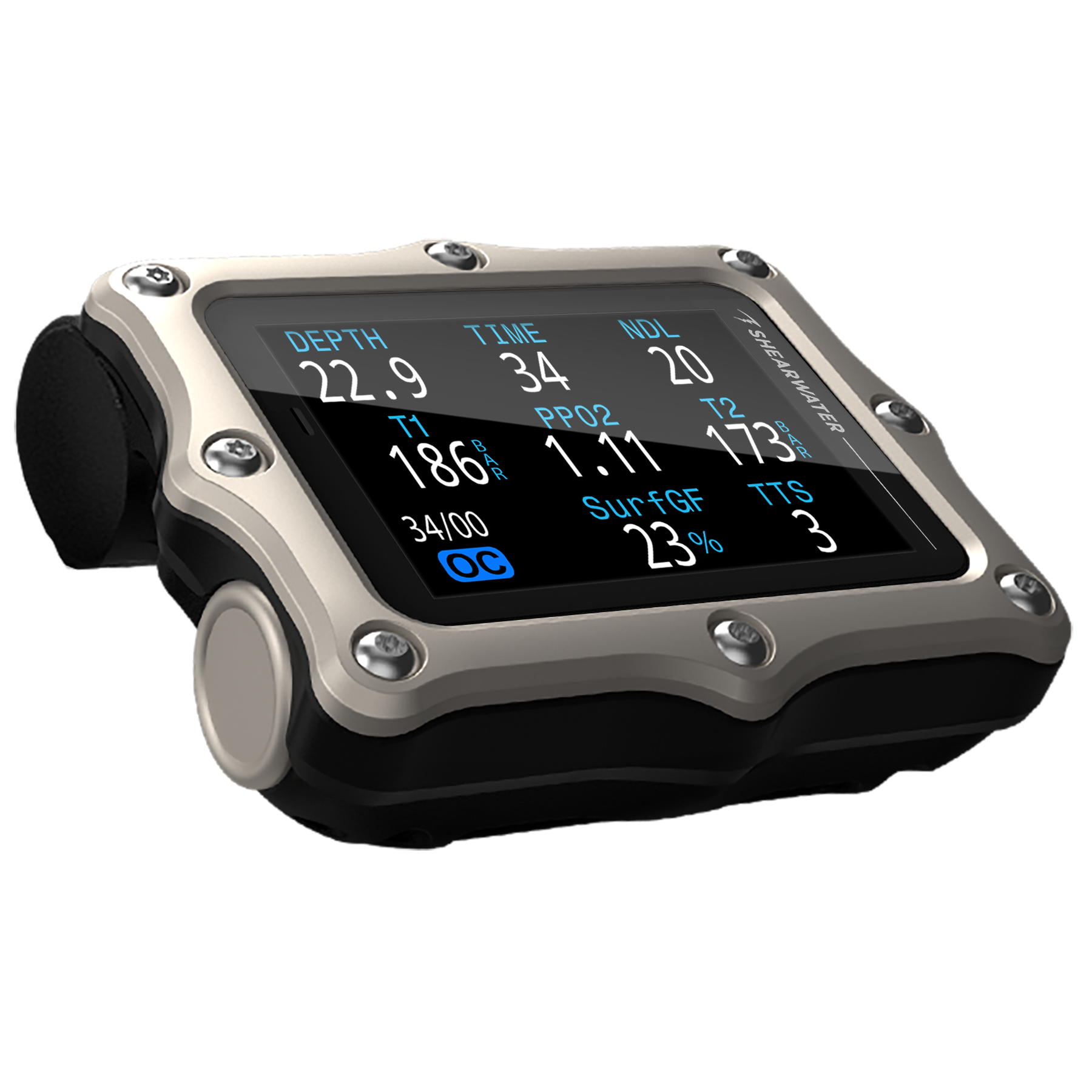Shearwater Perdix 3 silver dive computer, right angle view showing technical mode and tank pressure in bar