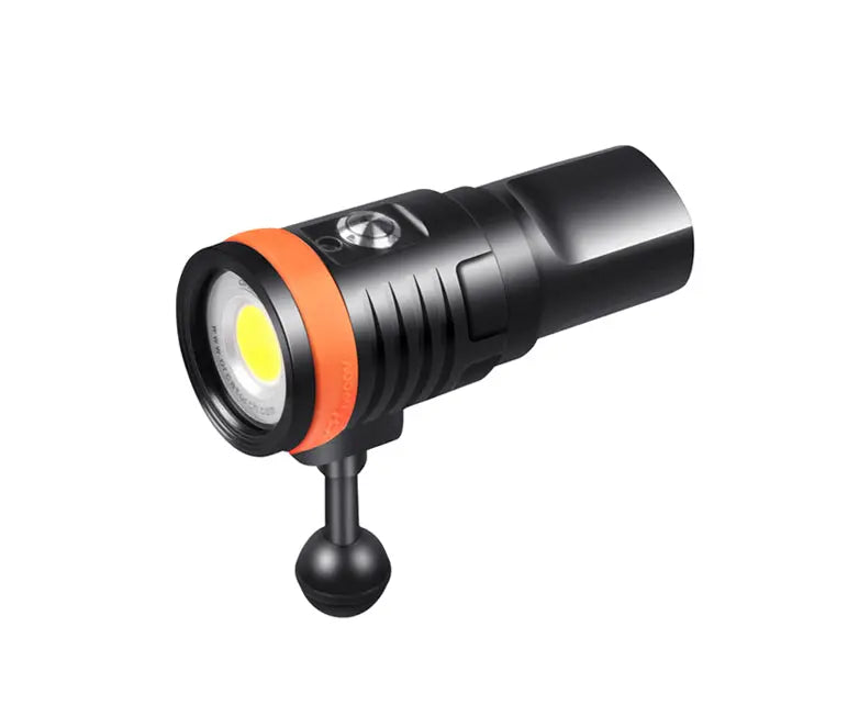 OrcaTorch D910V video light on its ball mount, angled front view