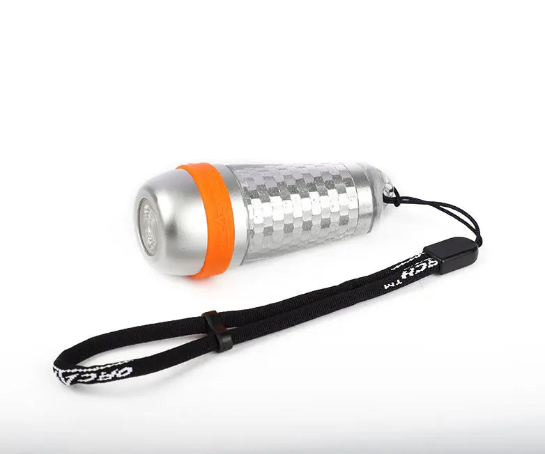 OrcaTorch SD03 beacon on its lanyard, full side view