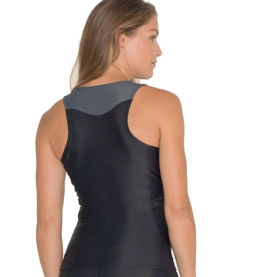 Women's Fourth Element Thermocline vest worn front on, black with a grey shoulder yoke