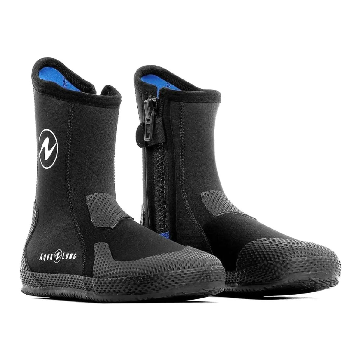 Aqua Lung Superzip 5 mm dive boots, a pair shown with the side zips and blue lining visible
