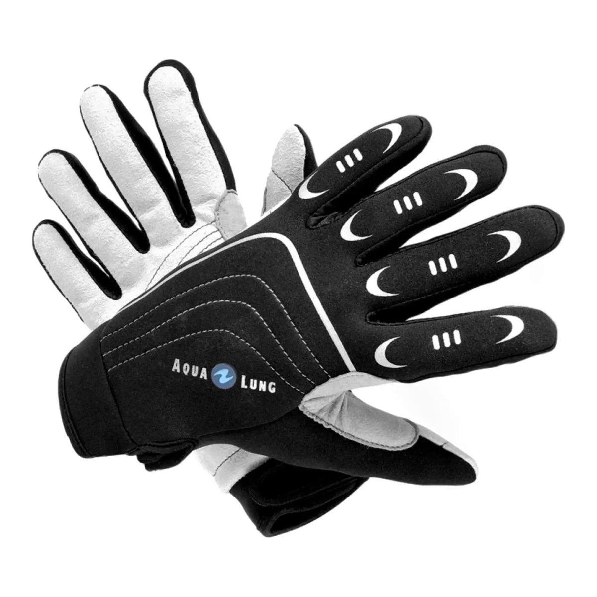 Aqua Lung Admiral II 2 mm dive gloves, a pair shown back and palm, black neoprene with pale suede palms and reinforced fingertips