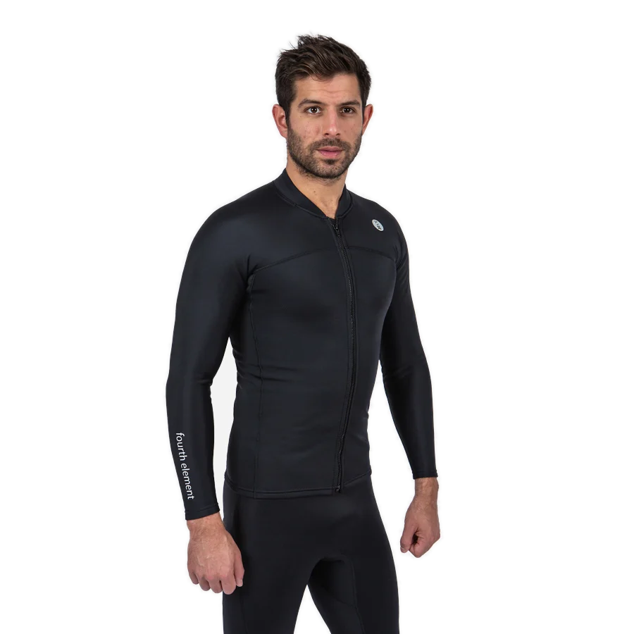Men's Fourth Element Thermocline jacket in black worn front on with the full-length zip
