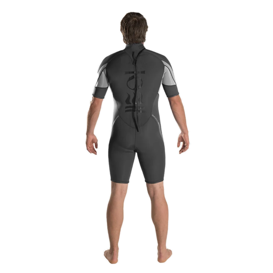 Men's Fourth Element Xenos 3mm shortie in black and grey worn front on