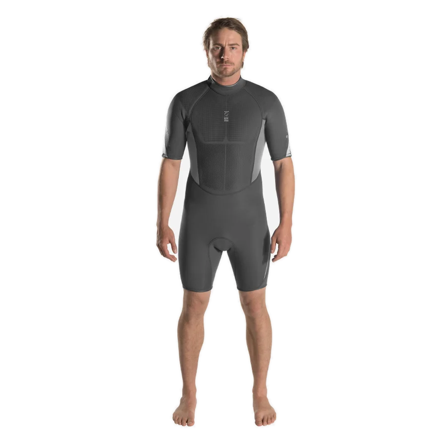 Men's Fourth Element Xenos 3mm shortie in black and grey worn front on