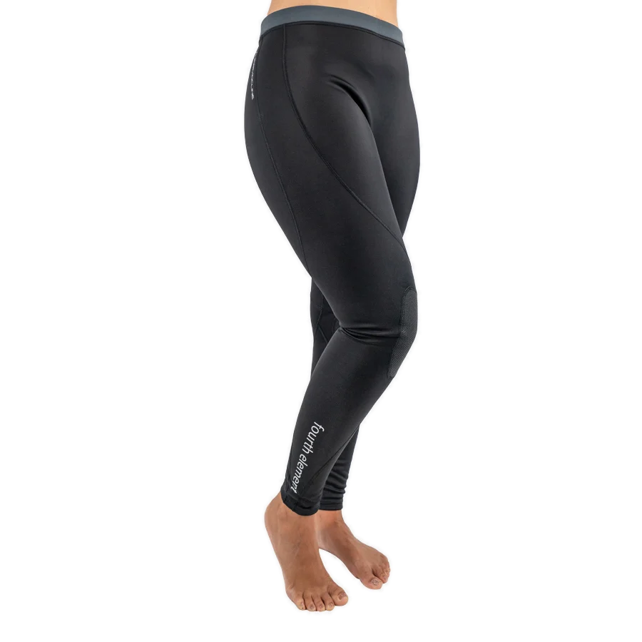 Women's Fourth Element Thermocline leggings in black with a grey waistband, seen from the front