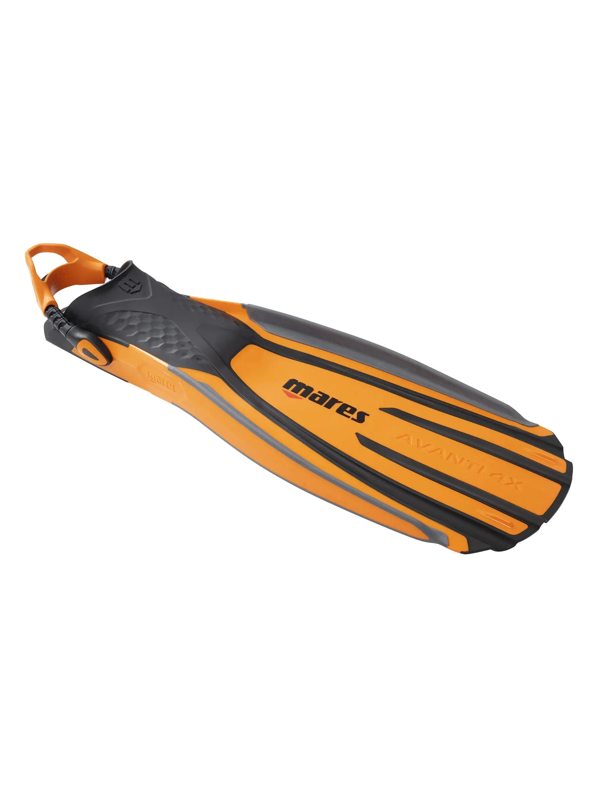 Mares Avanti Quattro 4X fin in orange and black, angled view