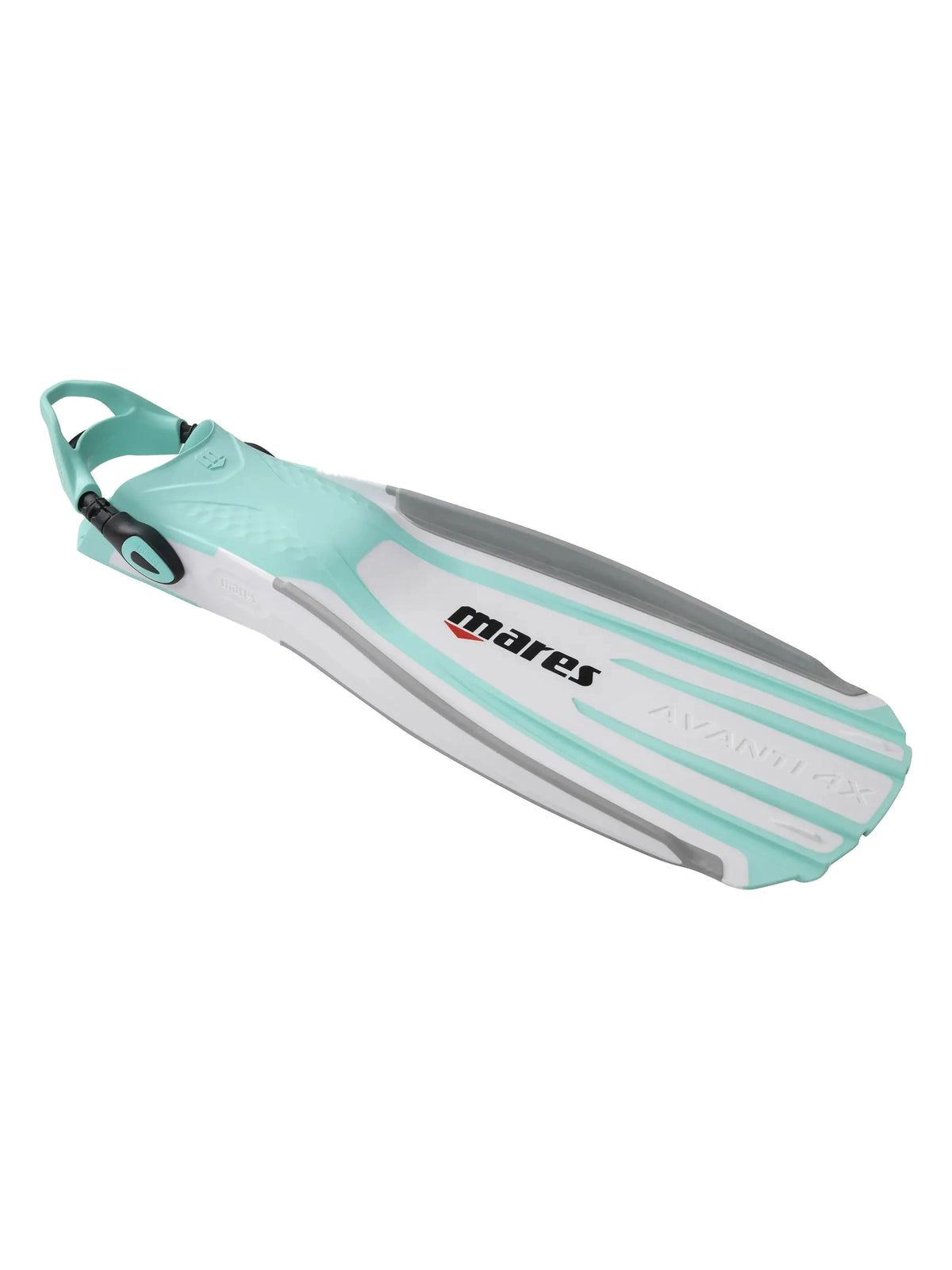 Mares Avanti Quattro 4X fin in white and aqua, angled view