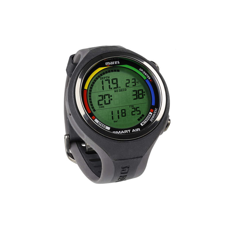 Mares Smart Air dive computer in black from the front showing the three-line display