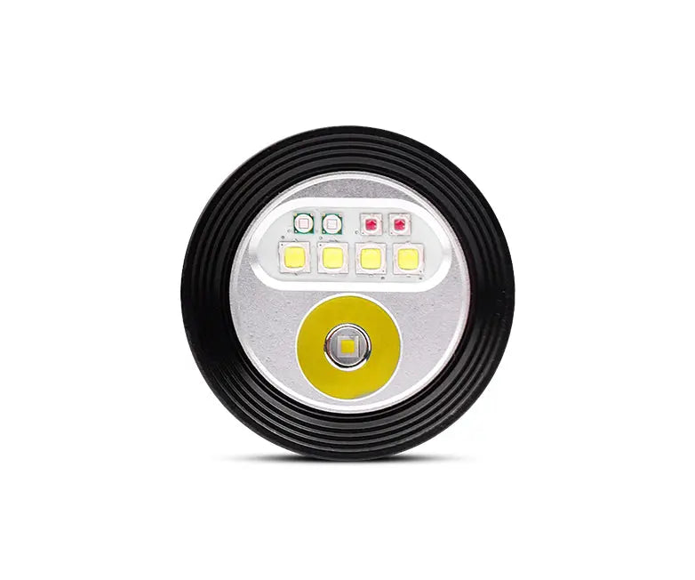 OrcaTorch D900V seen head-on, close-up of the white, red and ultraviolet emitters