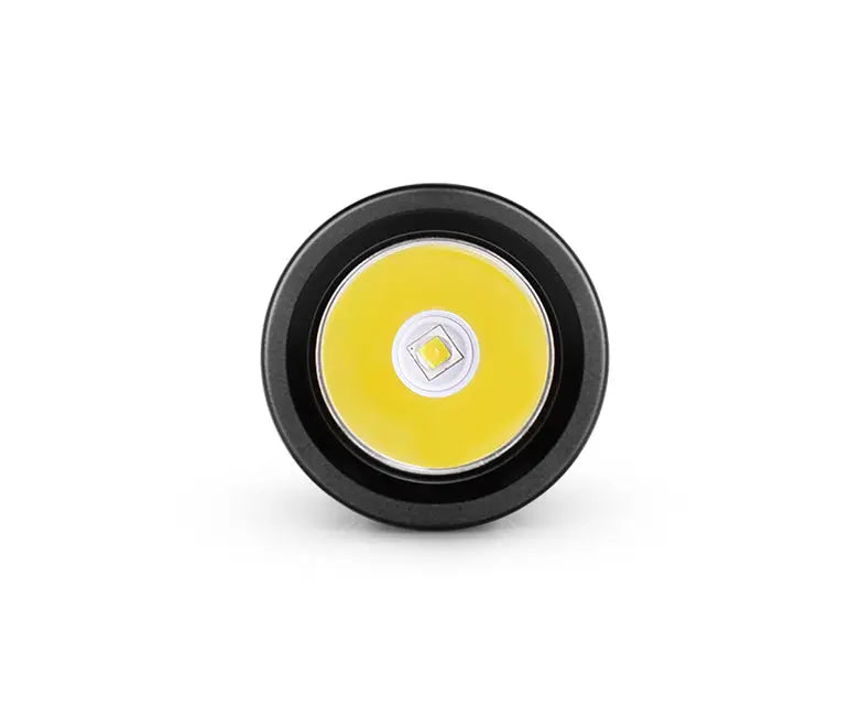 OrcaTorch D530 dive light seen head-on, close-up of the LED behind the reflector