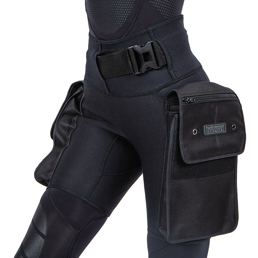 Waist belt buckle and hip pocket on the Fourth Element Technical shorts