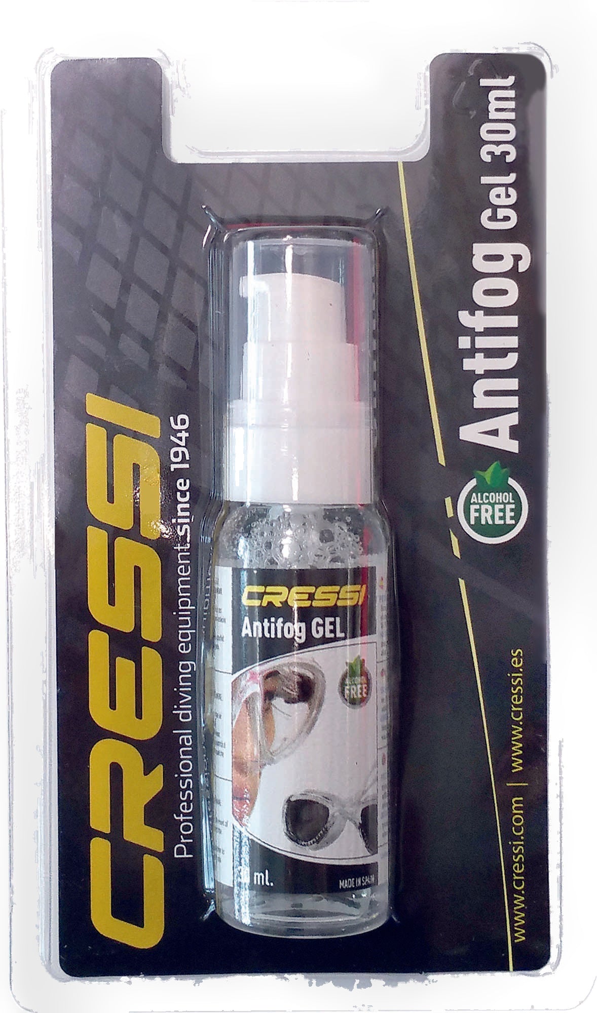 Cressi antifog gel in a 30 ml pump bottle, sealed in its black and yellow blister pack