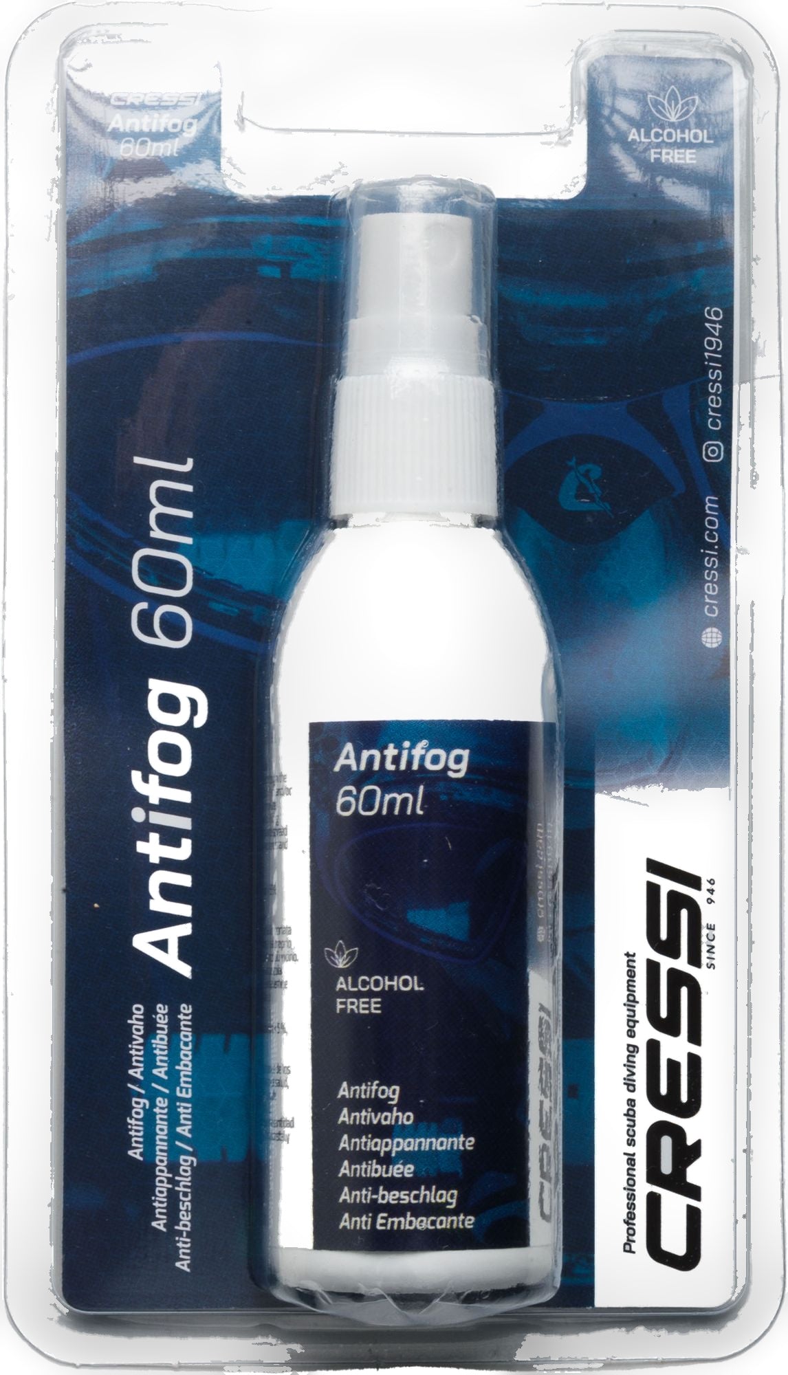Cressi 60 ml antifog spray bottle in a clear blister pack marked alcohol free