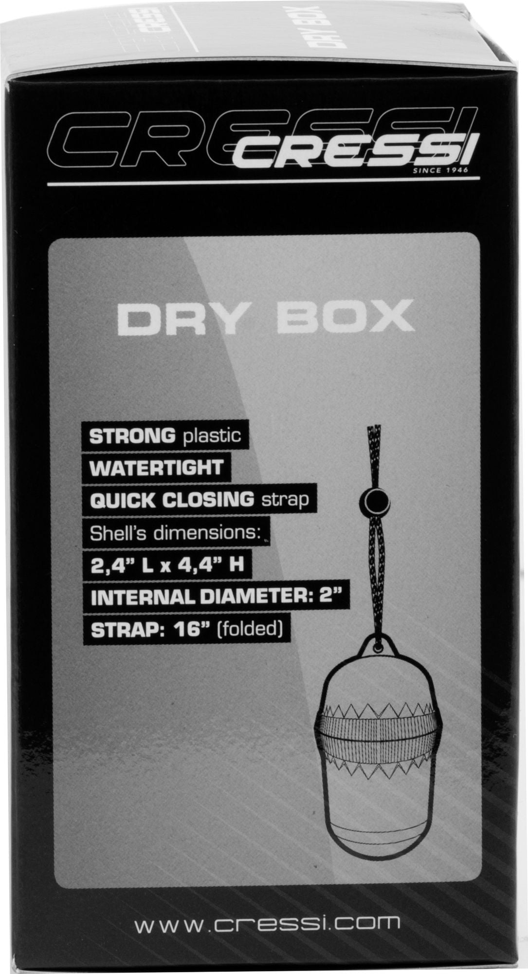 Dry box carton listing the shell dimensions, internal diameter and strap length