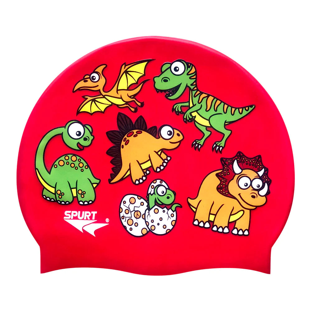 Dino Scattered Kiddie on Crimson Red Silicone Swim Cap
