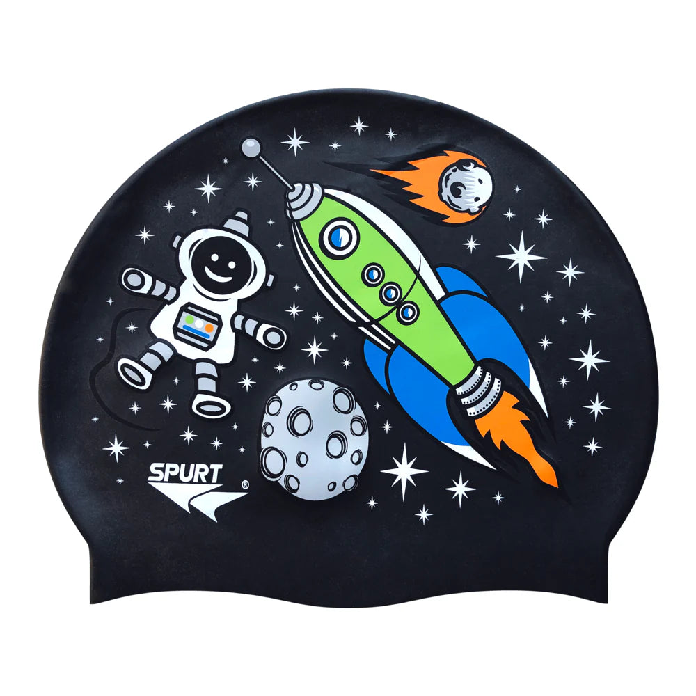 Space Theme with Rocket on Black Silicone Swim Cap