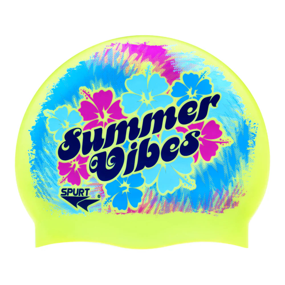Summer Vibes with Tropical Flowers on Neon Yellow Silicone Swim Cap