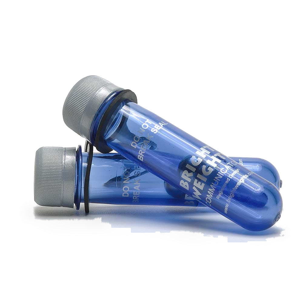 Two Bright Weights Communicator shakers in blue, showing the screw cap and o-ring seal