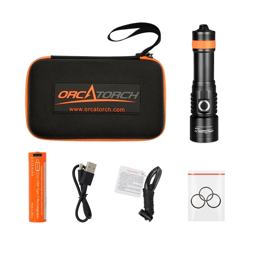 OrcaTorch D530 kit laid out with its carry case, 18650 cell, USB-C cable and spare O-rings