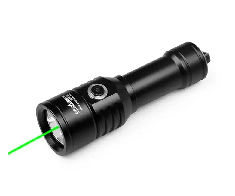 OrcaTorch D570-GL dive light with the green laser shown firing from the head