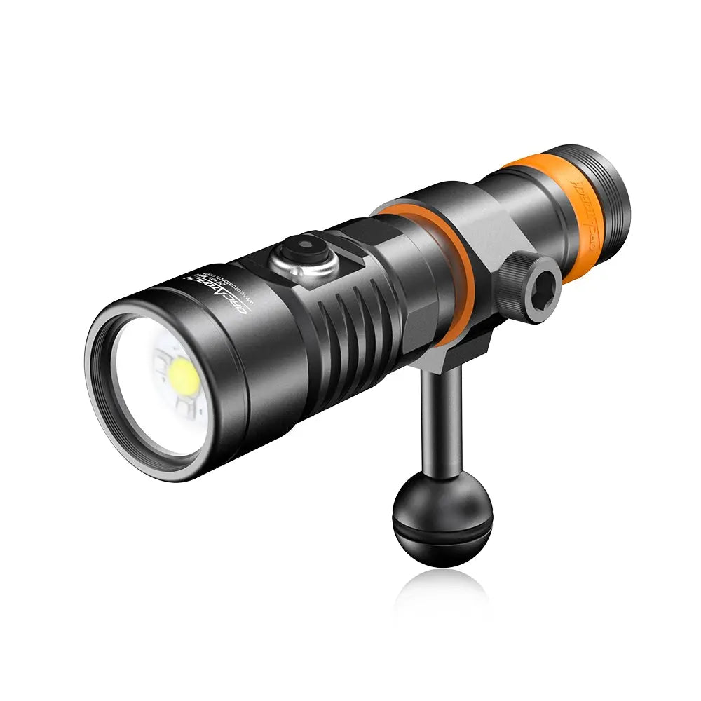 OrcaTorch D710V MK2 video light on its ball mount, side view