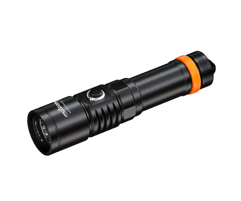 OrcaTorch D710 dive torch in black, full side view