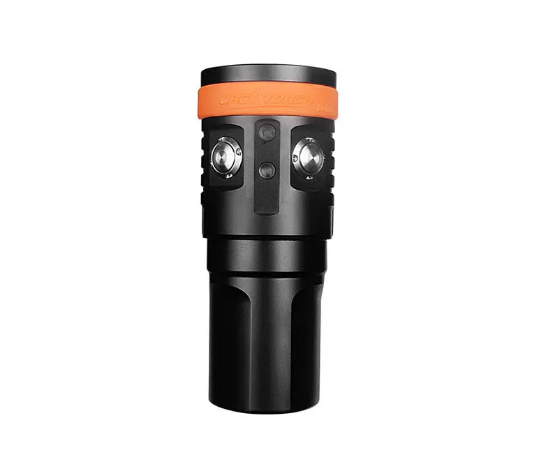 OrcaTorch D900V video light standing upright, showing the two titanium switches