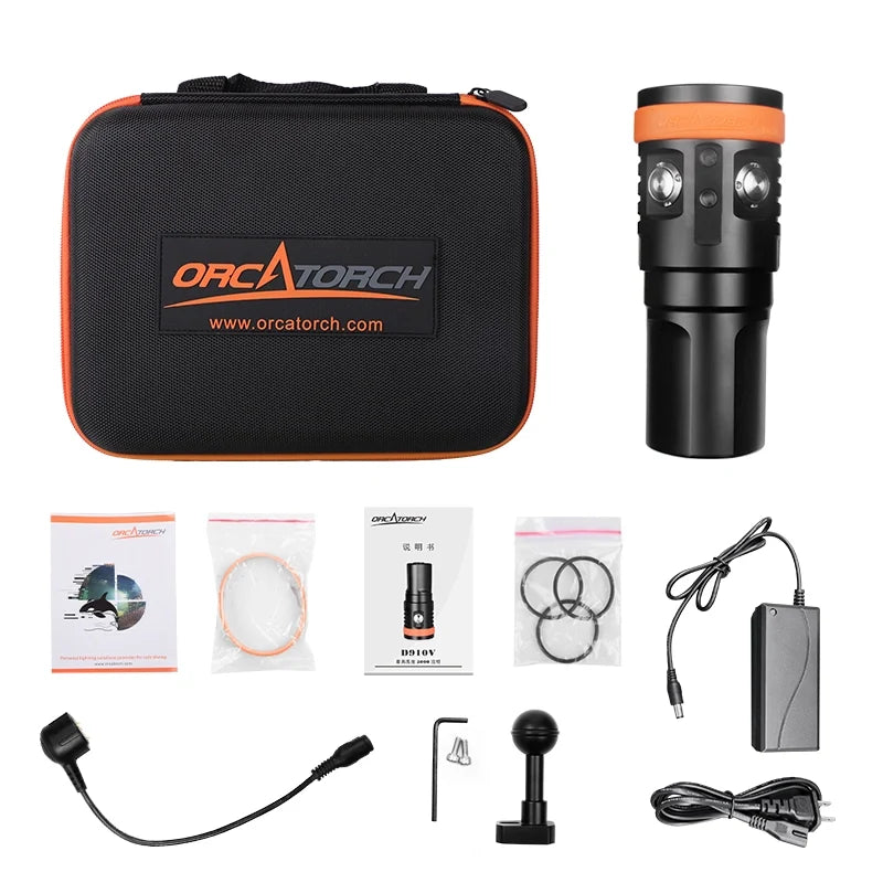 OrcaTorch D900V kit laid out with its case, charger, ball mount, cables and spare O-rings