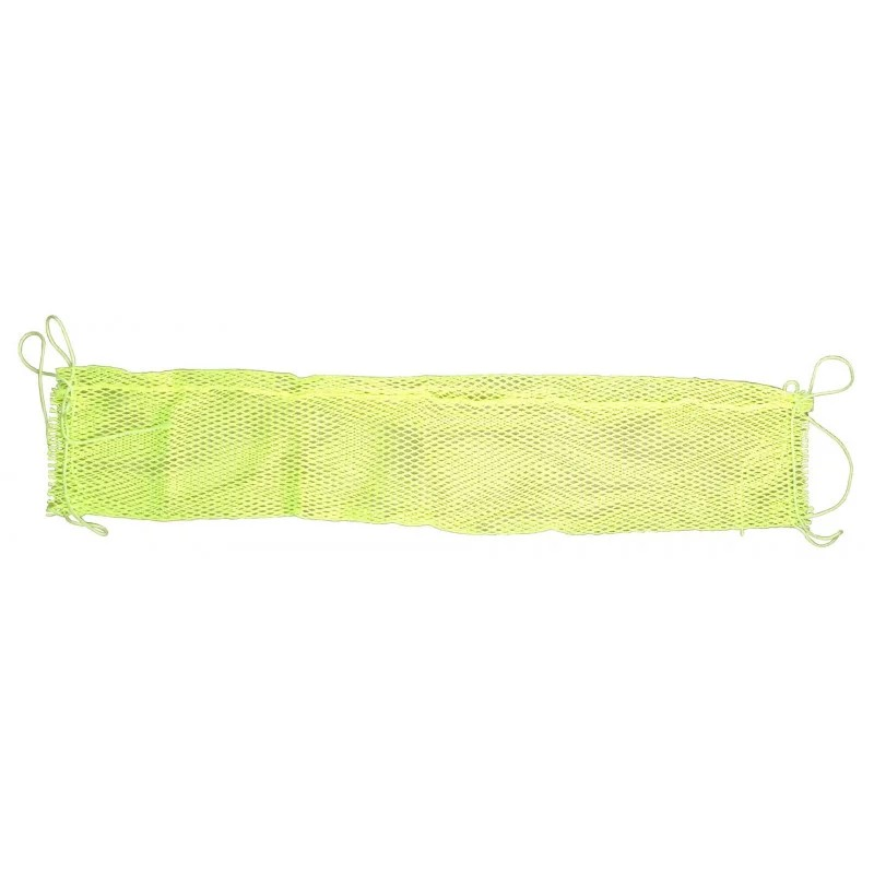 Yellow mesh cylinder net laid flat, with a drawcord looped at each end
