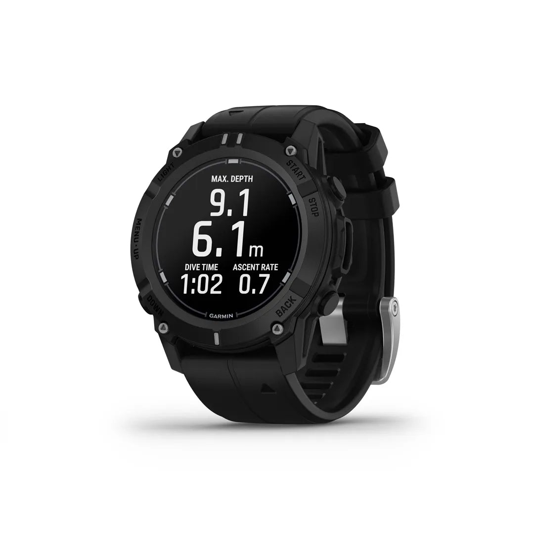Garmin Descent G2 dive computer, black case and band, front-left view with depth shown in metres