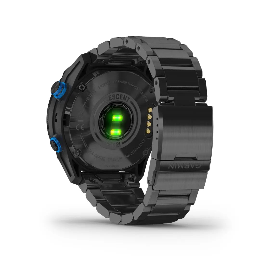 Garmin Descent Mk2i rear case and titanium bracelet showing the optical heart rate sensor