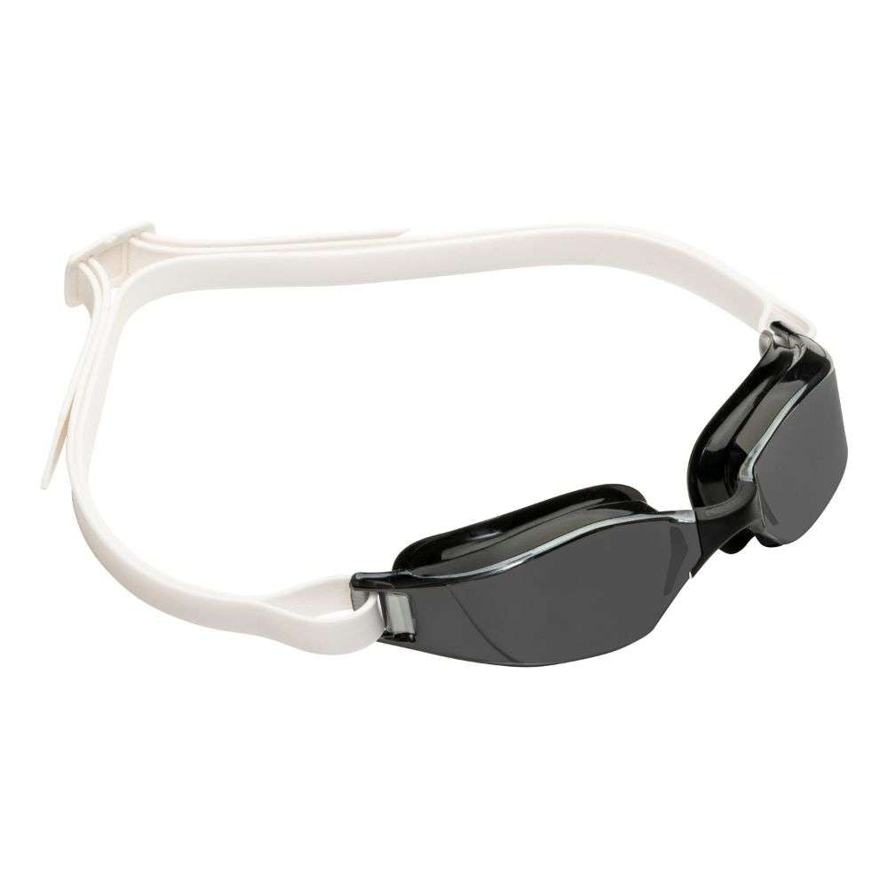Aquasphere Xceed swim goggles with smoke lens and black and white frame, angled view
