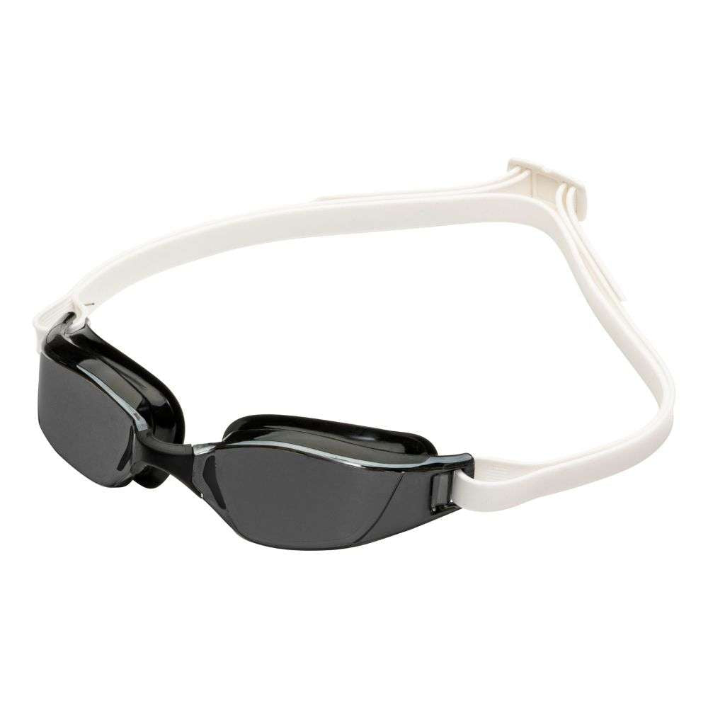 Aquasphere Xceed swim goggles with smoke lens and black and white frame, second angled view