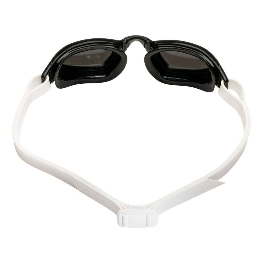 Aquasphere Xceed swim goggles with smoke lens and black and white frame, view from behind showing the white strap