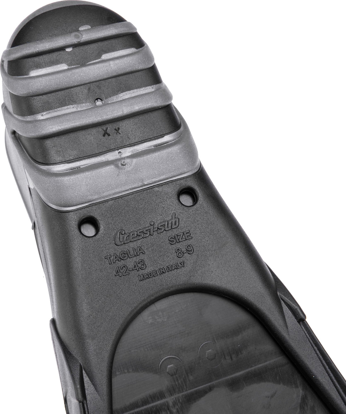 Underside of the Gara foot pocket showing the ribbed sole and moulded size markings