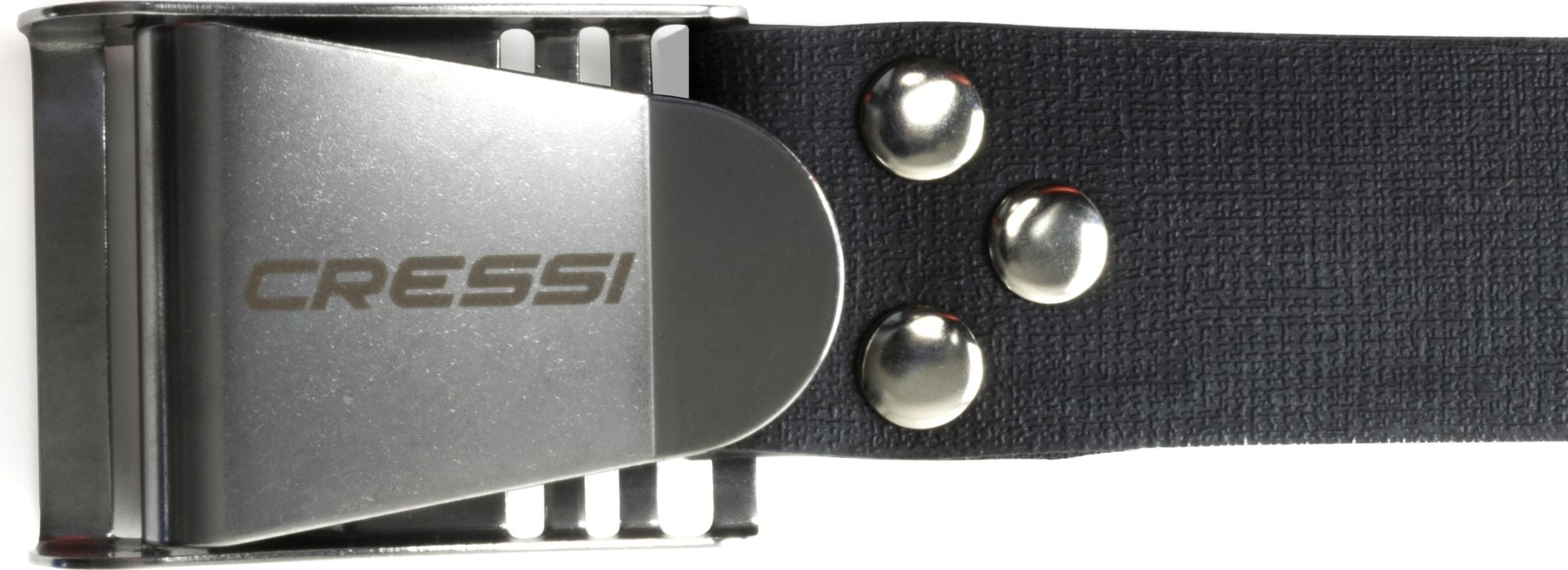 Front view of the Malta belt buckle and the three rivets holding the rubber strap