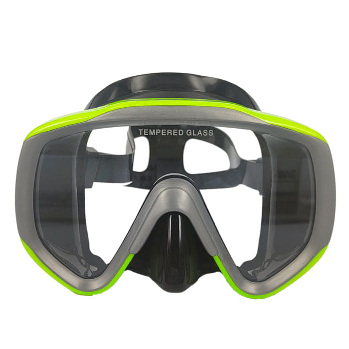 Scubatech Vision II mask, front view, black skirt and grey frame with yellow edge