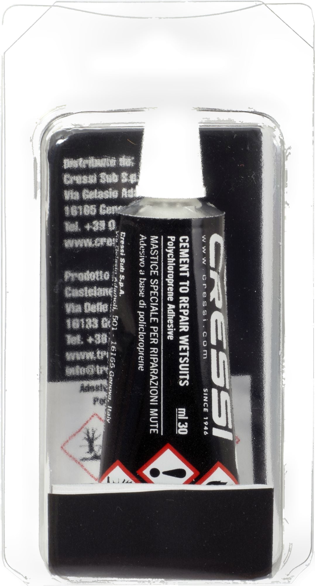 Black 30 ml tube of Cressi neoprene cement for repairing wetsuits, standing upright