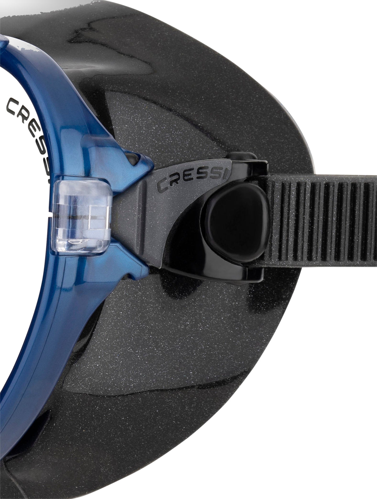 Close-up of the blue frame and buckle against the black skirt of the Ocean