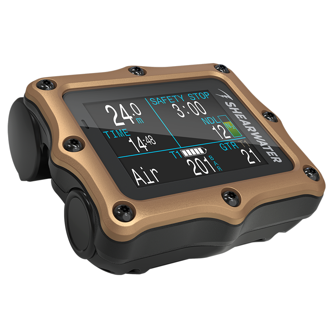 Shearwater Perdix 2 Ti Bronze Journeys Edition, angled view showing the bezel and strap lugs