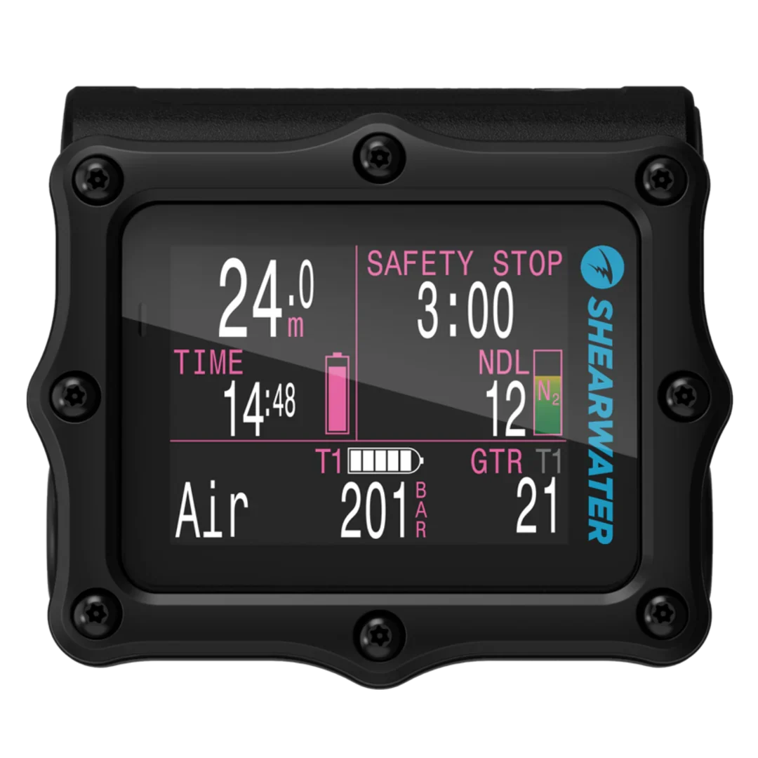 Shearwater Perdix 2 Ti black, front view with the display in a magenta colour theme showing tank pressure