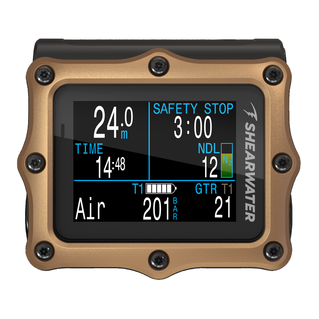 Shearwater Perdix 2 Ti Bronze Journeys Edition, front view showing a safety stop with tank pressure